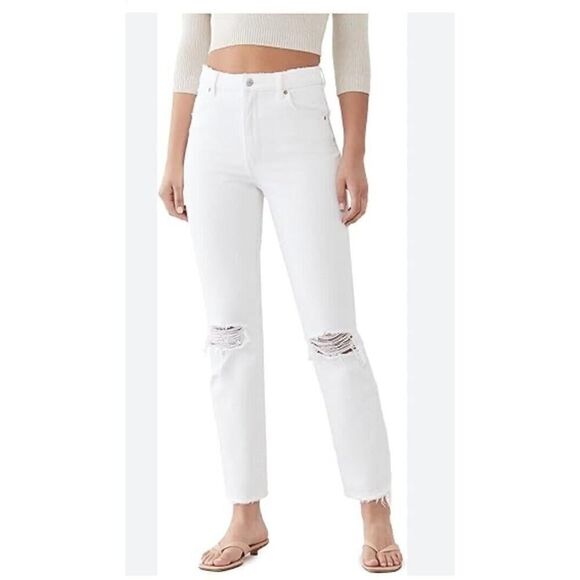 Rollas Layla White Jeans Original High Rise Straight Size 26 Distressed Knee NWT - Picture 6 of 12
